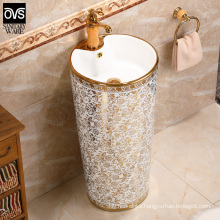 European-Style Golden Washbasin One-Piece Ceramic Pedestal Washbasin Floor-Standing Washbasin